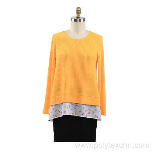 Women Autumn Top Spliced Ruffled Hem Sweater